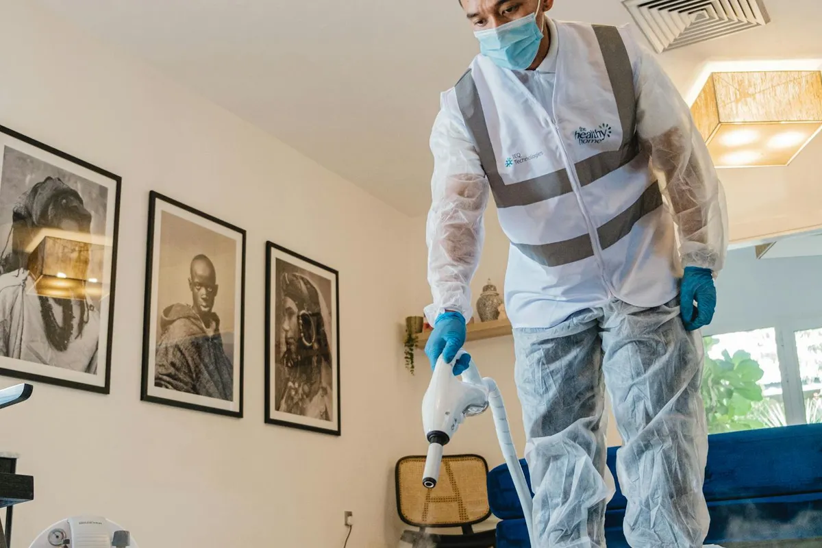 Cleaner in protective gear steam-cleaning a carpet