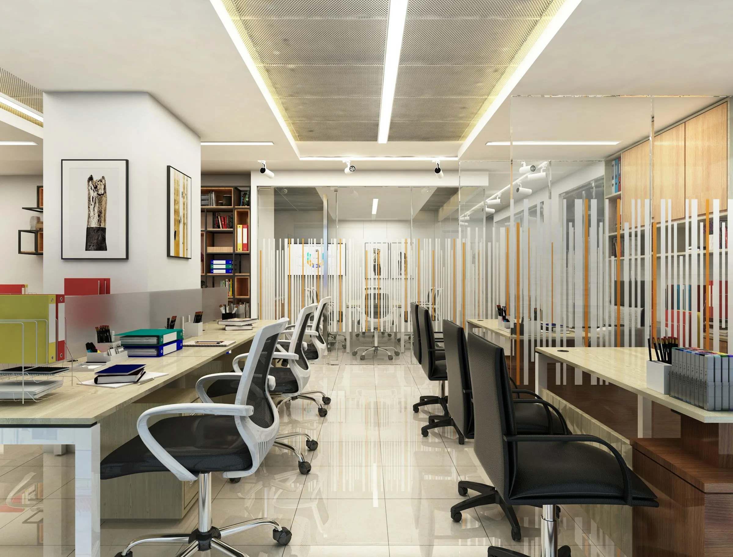Bright open-plan office with rows of desks and black office chairs